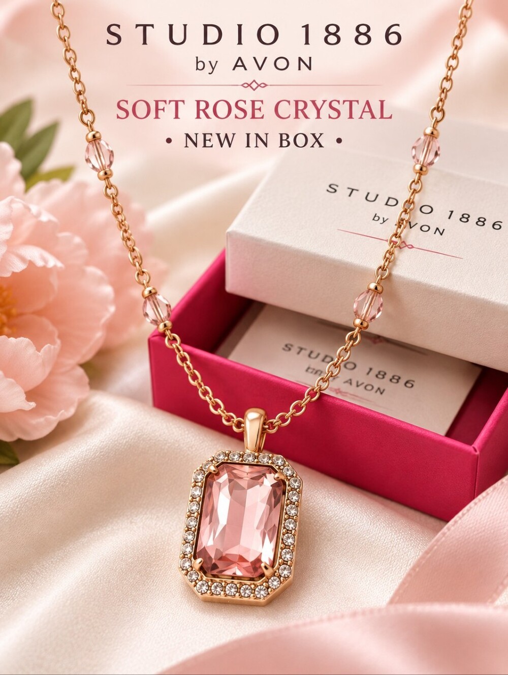 Avon Studio 1886 Soft Rose Crystal Pendant Necklace NIB Rose Gold